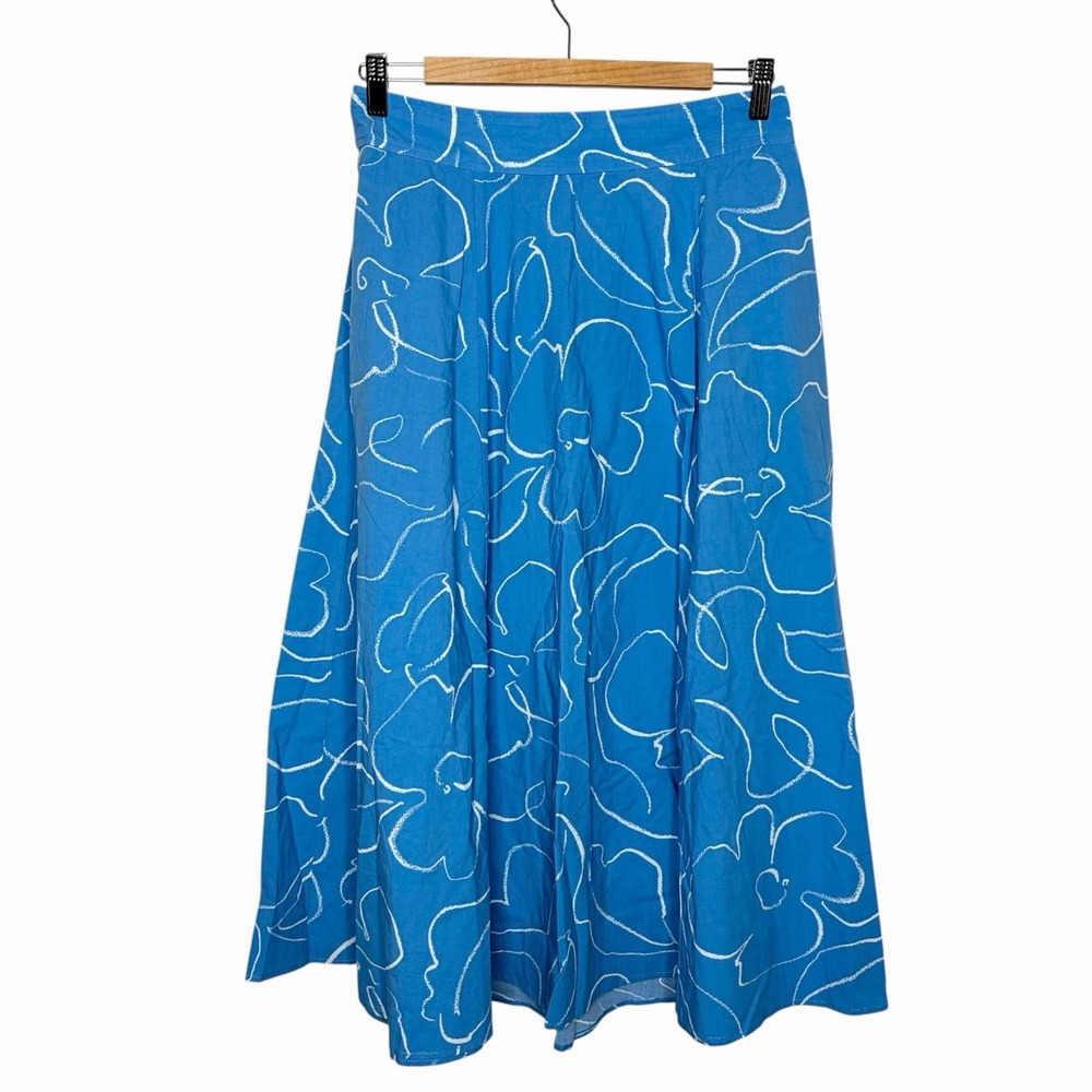 Madewell Abstract Floral Midi Skirt Blue Womens 6 Nautical Preppy Coastal Beachy
